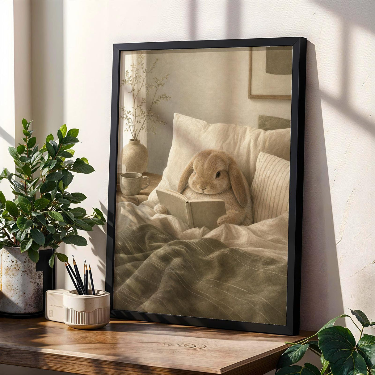 Mini Lop Rabbit Reading in Bed Poster | Modern Gouache Bunny Wall Art | Warm Beige Dusty Sage Decor | Cozy Scandinavian Bedroom Print