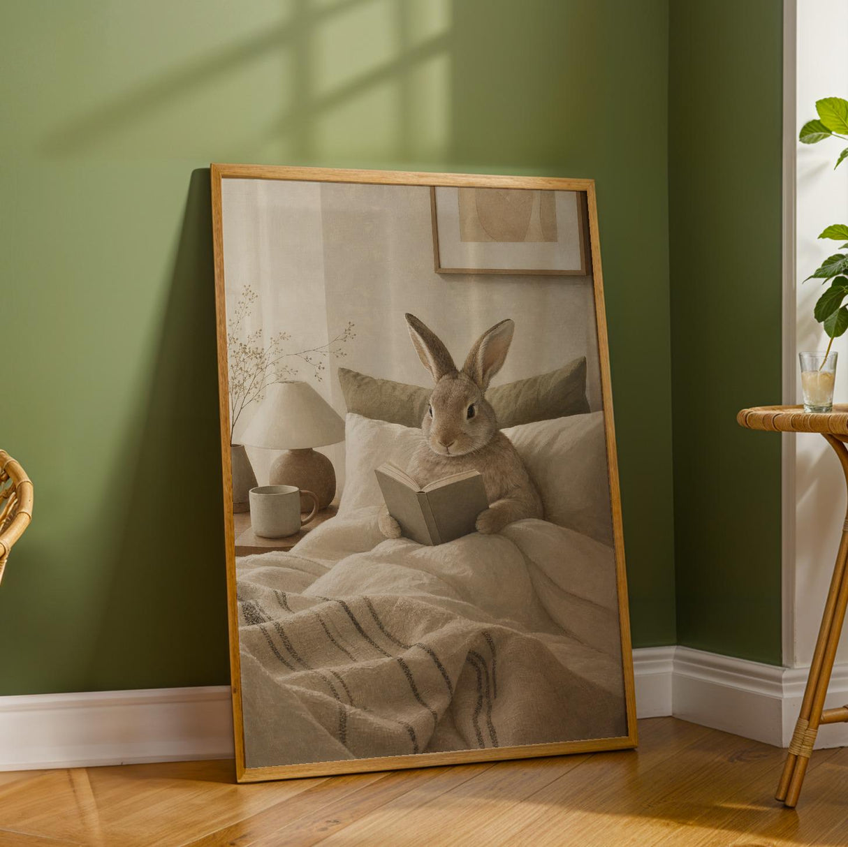 Californian Rabbit Reading in Bed Poster | Modern Gouache Bunny Wall Art | Warm Beige Oat Milk Decor | Cozy Scandinavian Bedroom Print