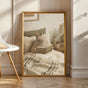 Netherland Dwarf Rabbit Reading in Bed Poster | Modern Gouache Bunny Wall Art | Warm Neutral Bedroom Decor | Cozy Minimalist Nook Print