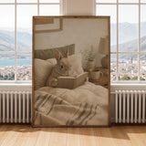 Netherland Dwarf Rabbit Reading in Bed Poster | Modern Gouache Bunny Wall Art | Warm Neutral Bedroom Decor | Cozy Minimalist Nook Print