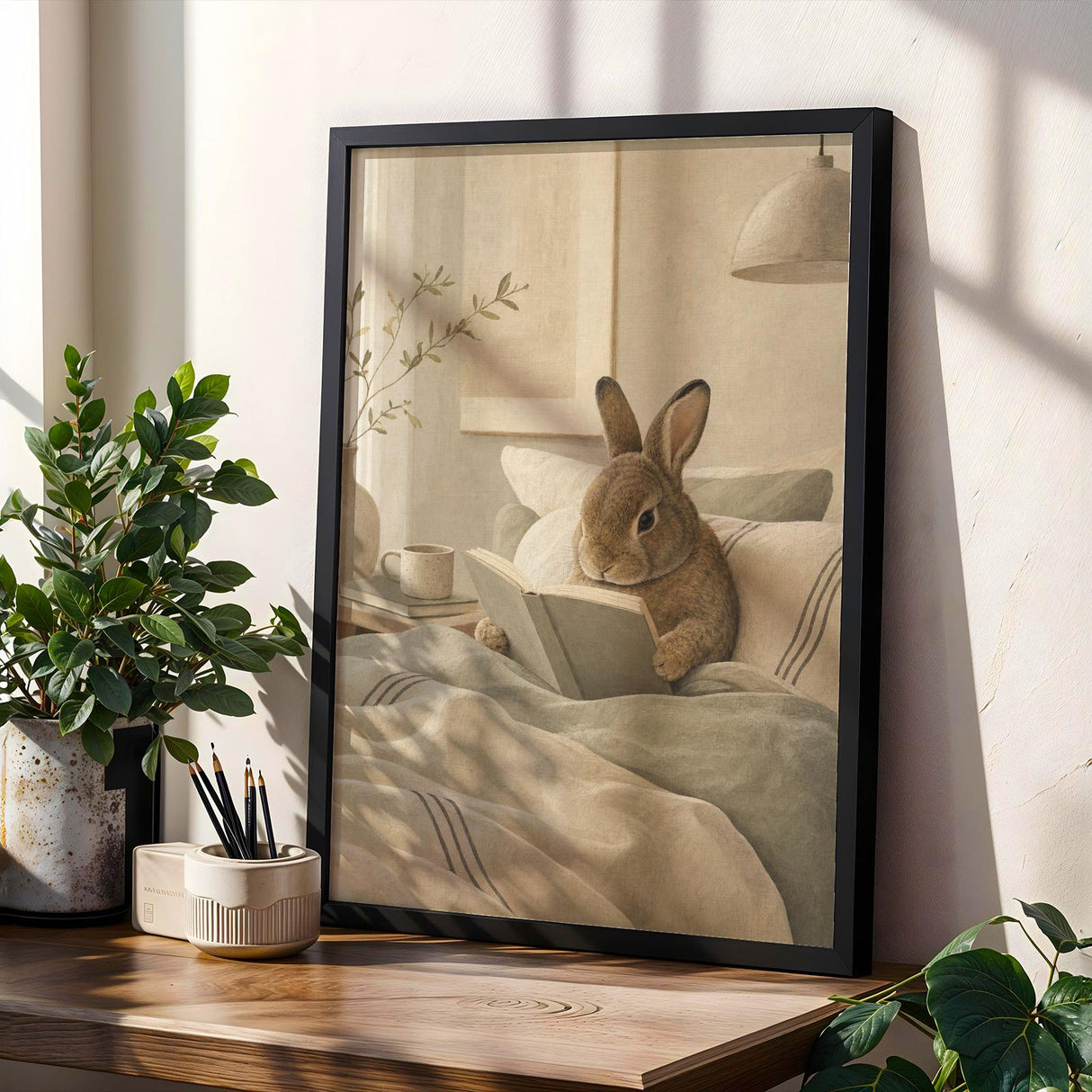 Mini Rex Rabbit Reading in Bed Poster | Scandinavian Gouache Bunny Wall Art | Warm Beige Oat Milk Decor | Cozy Nordic Bedroom Print