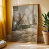 Satin Rabbit Reading in Bed Poster | Scandinavian Gouache Bunny Wall Art | Warm Neutral Nordic Decor | Cozy Minimalist Bedroom Nook Print