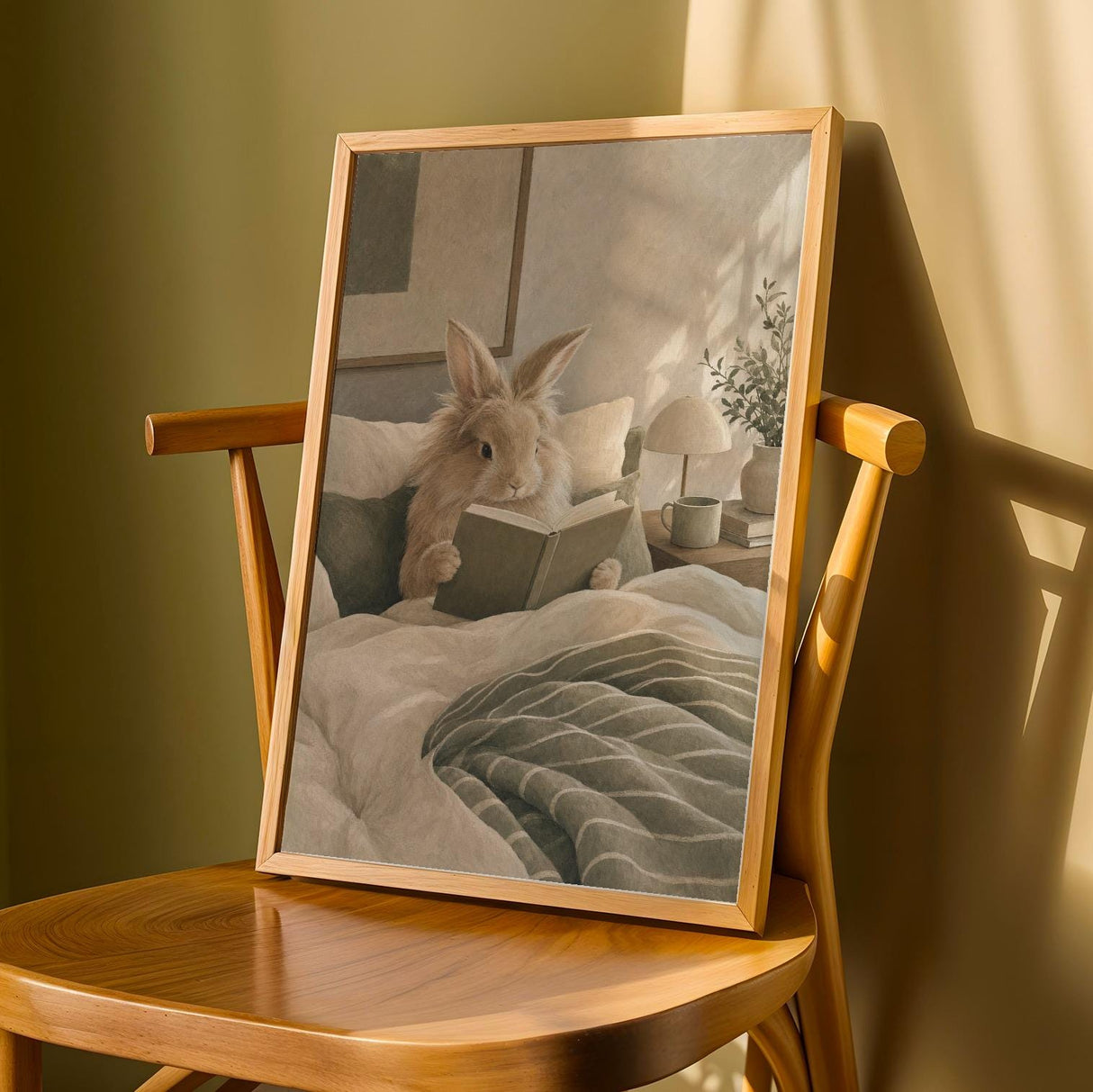 Lionhead Rabbit Reading in Bed Poster | Modern Gouache Bunny Wall Art | Warm Neutral Bedroom Decor Print | Cozy Minimalist Nook Art