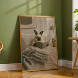 Himalayan Rabbit Reading in Bed Poster | Scandinavian Gouache Bunny Wall Art | Warm Beige Soft Ivory Decor | Cozy Minimalist Bedroom Print