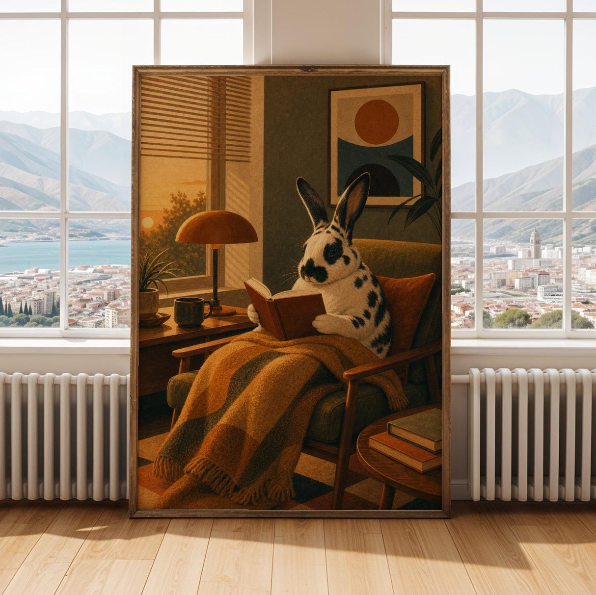 Harlequin Rabbit Reading in Armchair Poster | Retro Modern Bunny Wall Art Decor | Cozy Mid Century Living Room Print