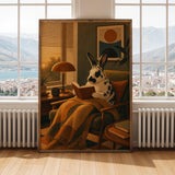 Harlequin Rabbit Reading in Armchair Poster | Retro Modern Bunny Wall Art Decor | Cozy Mid Century Living Room Print