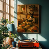 Dutch Rabbit Reading in Armchair Poster | Mid Century Retro Bunny Wall Art | Yellow Green Decor | Cozy Modern Living Room Print