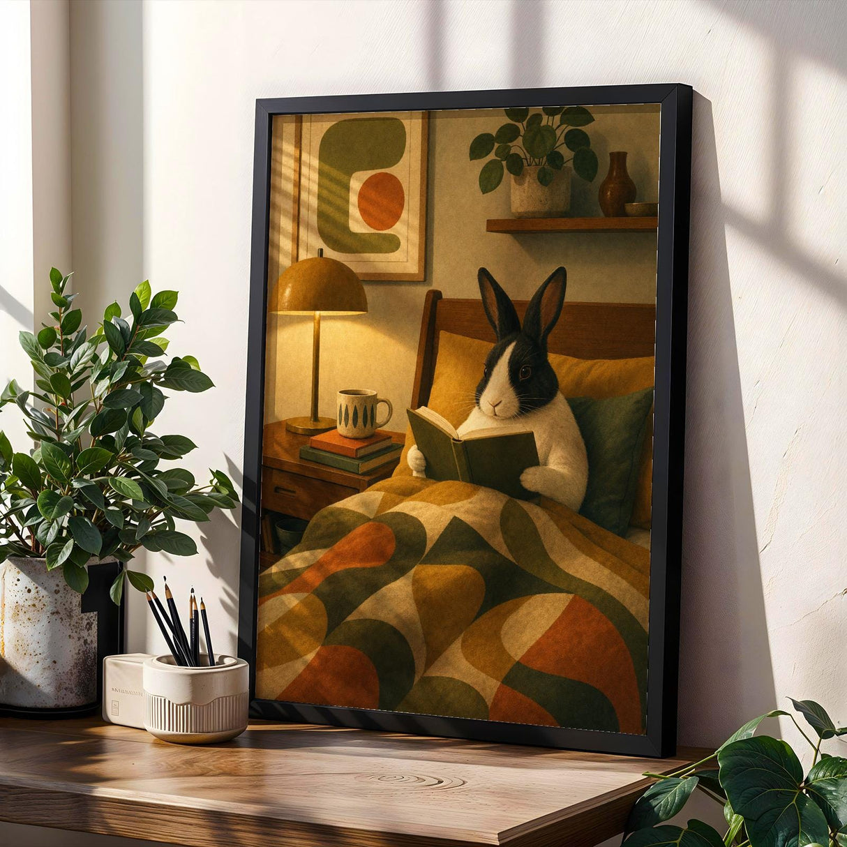 Dutch Rabbit Reading in Armchair Poster | Mid Century Retro Bunny Wall Art | Yellow Green Decor | Cozy Modern Living Room Print