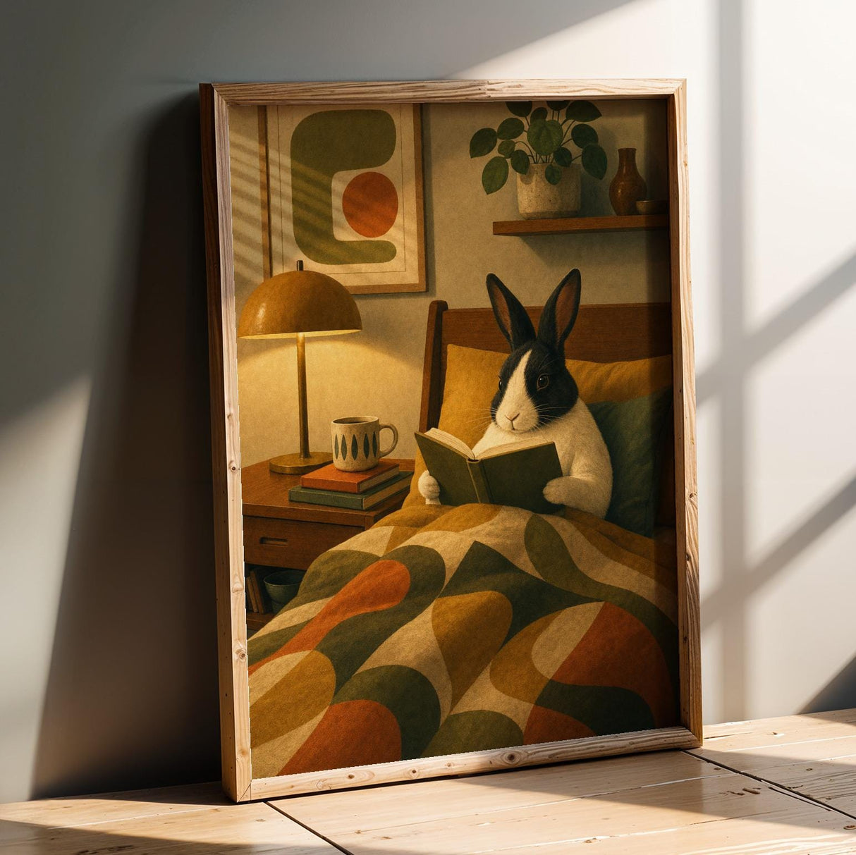 Dutch Rabbit Reading in Armchair Poster | Mid Century Retro Bunny Wall Art | Yellow Green Decor | Cozy Modern Living Room Print