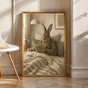 Flemish Rabbit Reading in Bed Poster | Nordic Gouache Bunny Wall Art | Warm Oat Milk Neutral Decor | Cozy Minimalist Bedroom Print