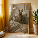 Flemish Rabbit Reading in Bed Poster | Nordic Gouache Bunny Wall Art | Warm Oat Milk Neutral Decor | Cozy Minimalist Bedroom Print