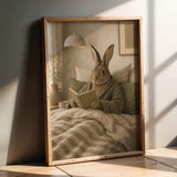Flemish Rabbit Reading in Bed Poster | Nordic Gouache Bunny Wall Art | Warm Oat Milk Neutral Decor | Cozy Minimalist Bedroom Print