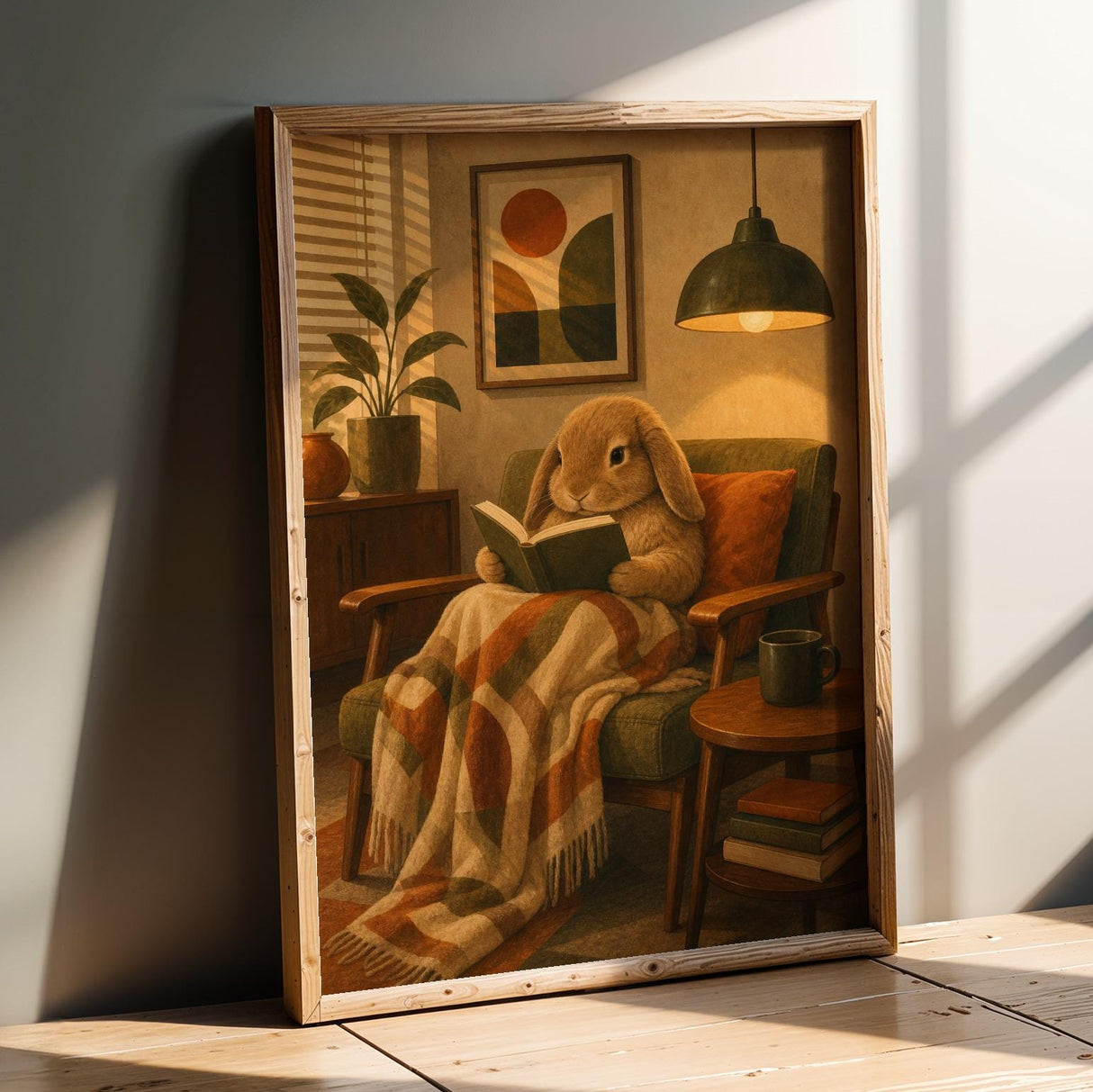Mini Lop Rabbit Reading in Armchair Poster | Retro Modern Bunny Wall Art | Orange Olive Green Decor | Cozy Mid Century Living Room Print