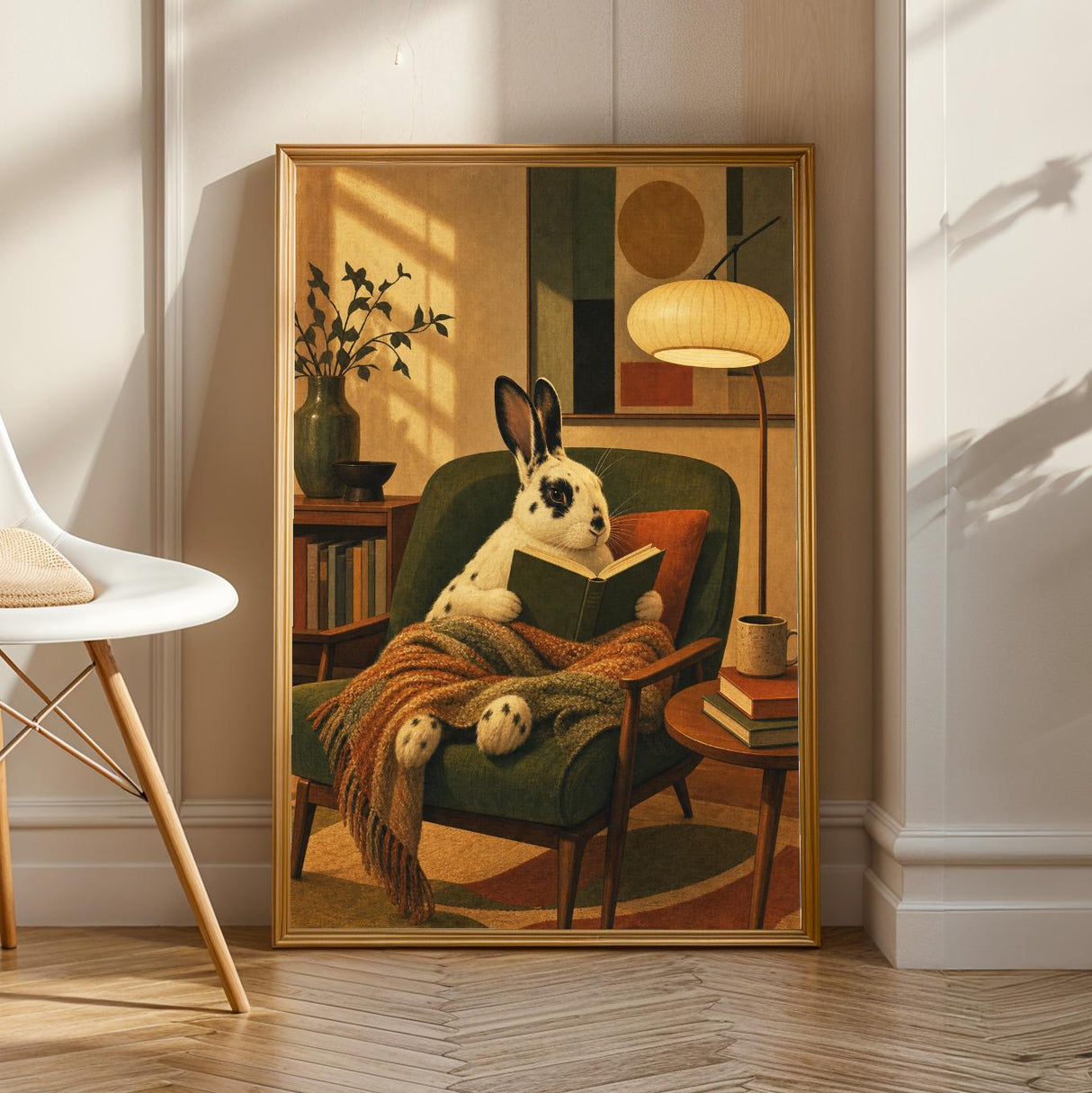 English Spot Rabbit Reading in Armchair Poster | Modern Bunny Wall Art | Green Warm Cream Decor | Cozy Reading Nook Living Room Print