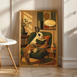 English Spot Rabbit Reading in Armchair Poster | Modern Bunny Wall Art | Green Warm Cream Decor | Cozy Reading Nook Living Room Print