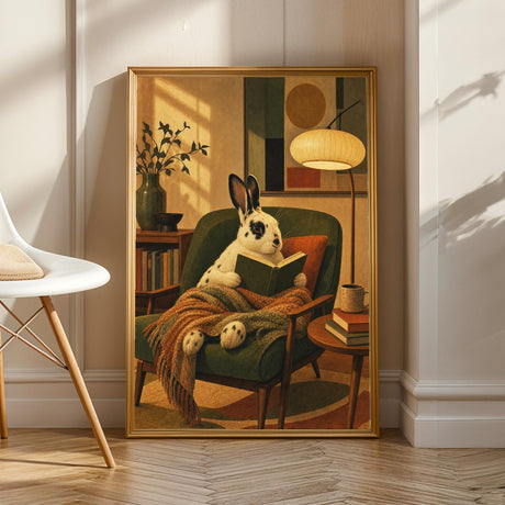 English Spot Rabbit Reading in Armchair Poster | Modern Bunny Wall Art | Green Warm Cream Decor | Cozy Reading Nook Living Room Print