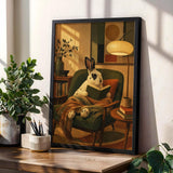 English Spot Rabbit Reading in Armchair Poster | Modern Bunny Wall Art | Green Warm Cream Decor | Cozy Reading Nook Living Room Print