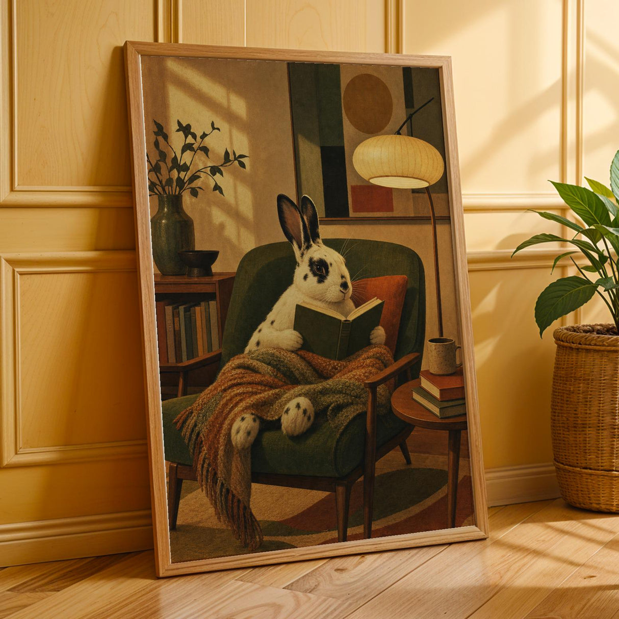 English Spot Rabbit Reading in Armchair Poster | Modern Bunny Wall Art | Green Warm Cream Decor | Cozy Reading Nook Living Room Print