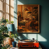 French Lop Rabbit Reading in Armchair Poster | Retro Painterly Bunny Wall Art | Muted Burnt Orange Decor | Cozy Mid Century Bedroom Print