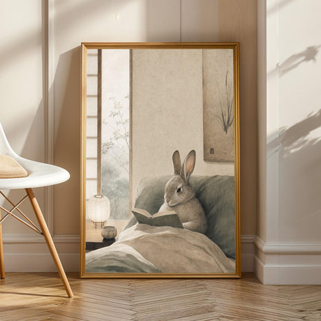 Californian Rabbit Reading in Bed Poster | Japanese Zen Sumi-e Bunny Wall Art | Warm Ivory Fog Gray Decor | Minimalist Bedroom Print