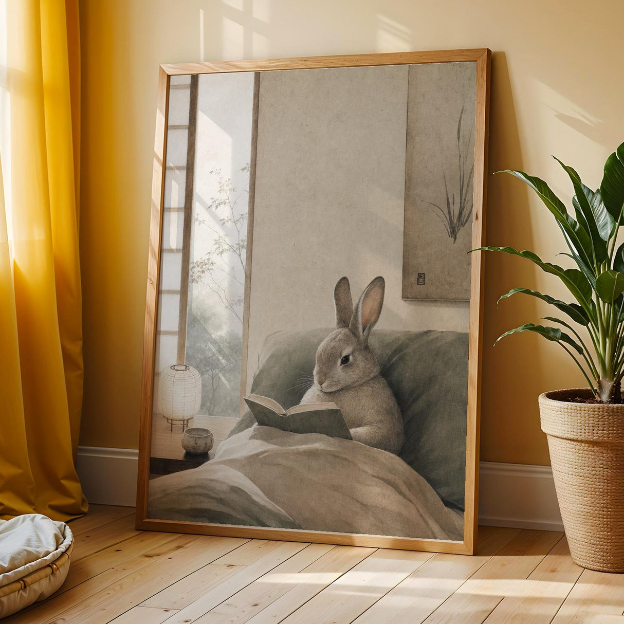 Californian Rabbit Reading in Bed Poster | Japanese Zen Sumi-e Bunny Wall Art | Warm Ivory Fog Gray Decor | Minimalist Bedroom Print