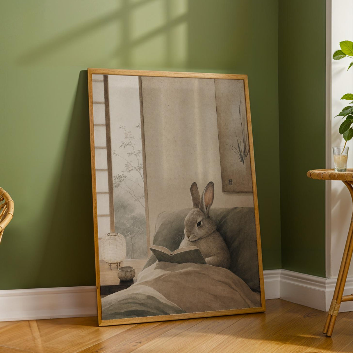 Californian Rabbit Reading in Bed Poster | Japanese Zen Sumi-e Bunny Wall Art | Warm Ivory Fog Gray Decor | Minimalist Bedroom Print
