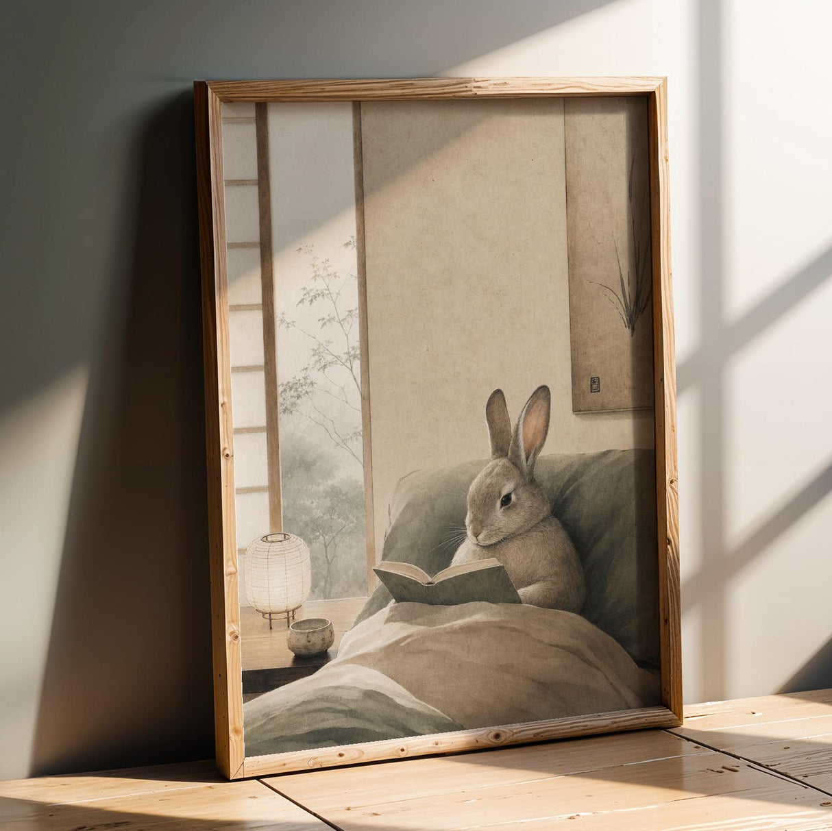 Californian Rabbit Reading in Bed Poster | Japanese Zen Sumi-e Bunny Wall Art | Warm Ivory Fog Gray Decor | Minimalist Bedroom Print