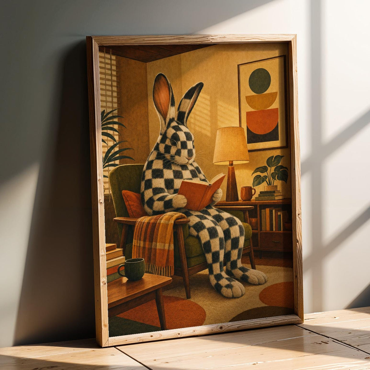 Checkered Giant Rabbit Reading in Armchair Poster | Mid Century Modern Bunny Wall Art | Yellow Brown Decor | Cozy Retro Living Room Print