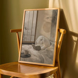 Holland Lop Rabbit Reading in Bed Poster | Japanese Zen Sumi-e Bunny Wall Art | Warm Ivory Fog Gray Decor | Minimalist Bedroom Print