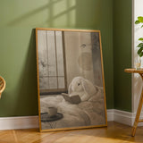 Holland Lop Rabbit Reading in Bed Poster | Japanese Zen Sumi-e Bunny Wall Art | Warm Ivory Fog Gray Decor | Minimalist Bedroom Print
