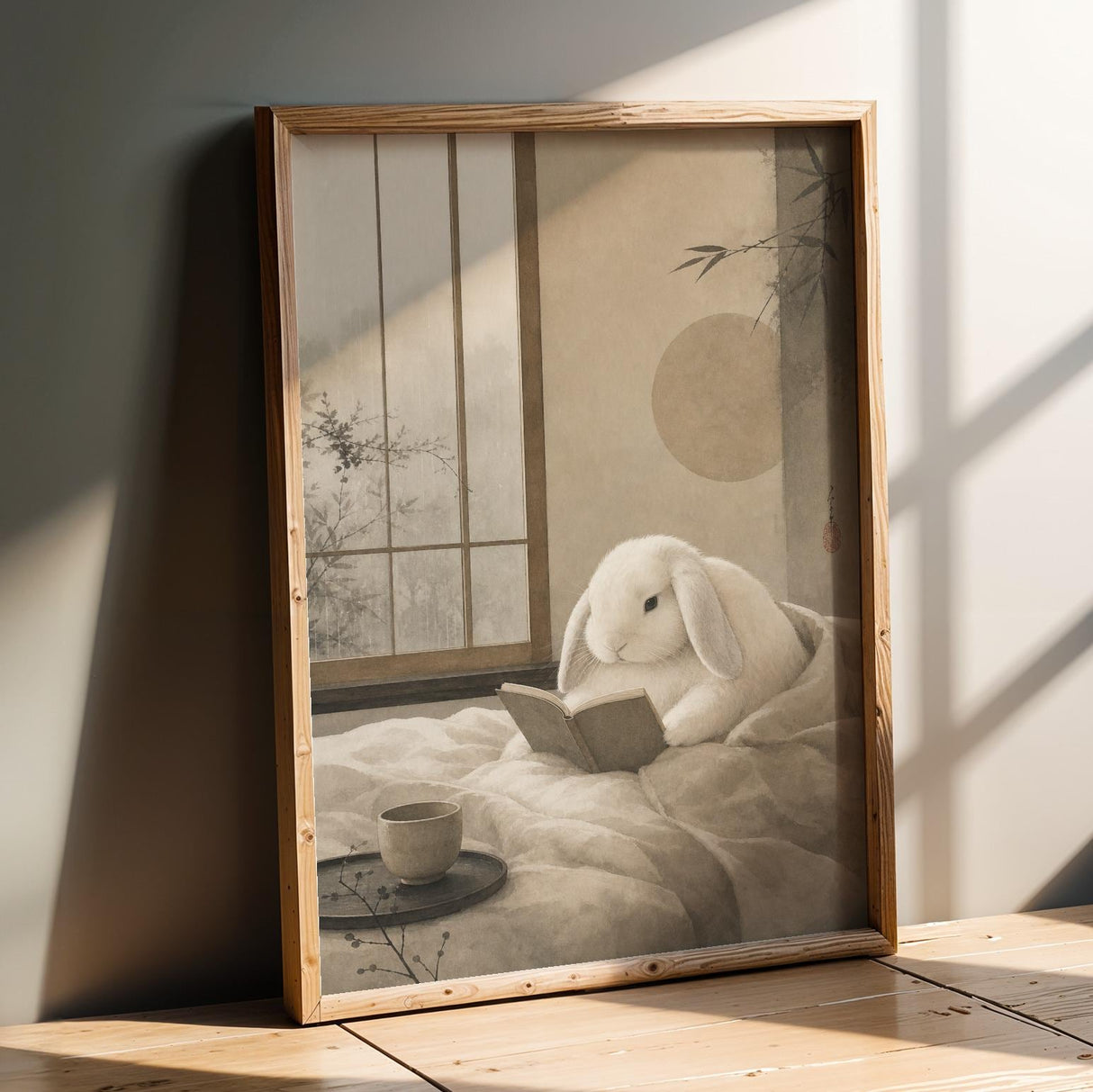Holland Lop Rabbit Reading in Bed Poster | Japanese Zen Sumi-e Bunny Wall Art | Warm Ivory Fog Gray Decor | Minimalist Bedroom Print