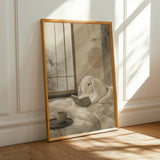 Holland Lop Rabbit Reading in Bed Poster | Japanese Zen Sumi-e Bunny Wall Art | Warm Ivory Fog Gray Decor | Minimalist Bedroom Print