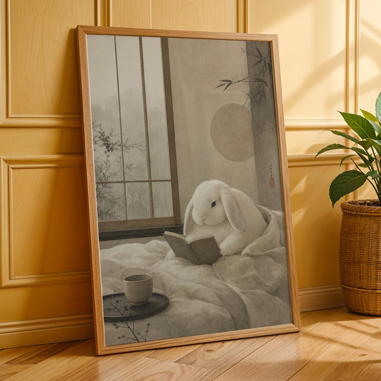 Holland Lop Rabbit Reading in Bed Poster | Japanese Zen Sumi-e Bunny Wall Art | Warm Ivory Fog Gray Decor | Minimalist Bedroom Print