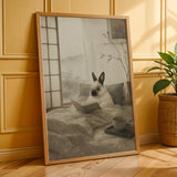 Himalayan Rabbit Reading in Bed Poster | Japanese Zen Ink Wash Bunny Wall Art | Warm Ivory Fog Gray Decor | Minimalist Bedroom Print