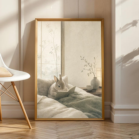 Netherland Dwarf Rabbit Reading in Bed Poster | Japanese Zen Sumi-e Bunny Wall Art | Warm Ivory Fog Gray Decor | Minimalist Bedroom Print