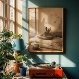 Mini Rex Rabbit Reading in Bed Poster | Japanese Zen Sumi-e Bunny Wall Art | Warm Ivory Fog Gray Decor | Minimalist Bedroom Print