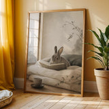 Mini Rex Rabbit Reading in Bed Poster | Japanese Zen Sumi-e Bunny Wall Art | Warm Ivory Fog Gray Decor | Minimalist Bedroom Print
