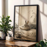 Mini Rex Rabbit Reading in Bed Poster | Japanese Zen Sumi-e Bunny Wall Art | Warm Ivory Fog Gray Decor | Minimalist Bedroom Print