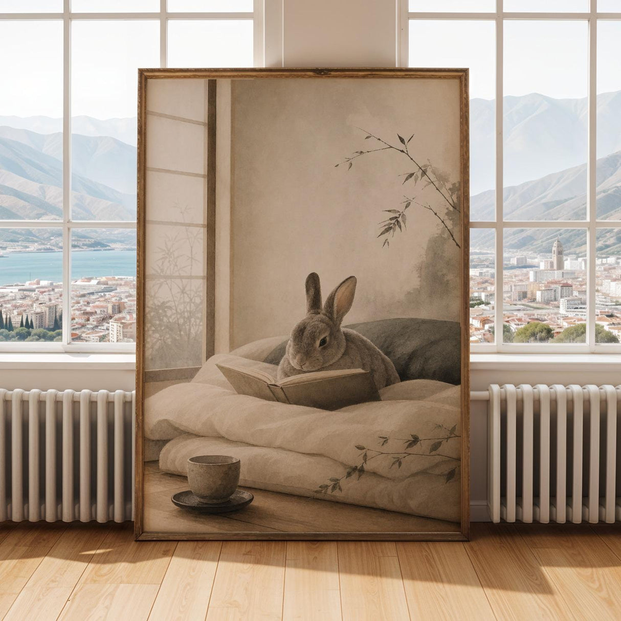 Mini Rex Rabbit Reading in Bed Poster | Japanese Zen Sumi-e Bunny Wall Art | Warm Ivory Fog Gray Decor | Minimalist Bedroom Print