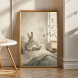 Satin Rabbit Reading in Bed Poster | Japanese Zen Sumi-e Bunny Wall Art | Warm Ivory Fog Gray Decor | Minimalist Bedroom Print