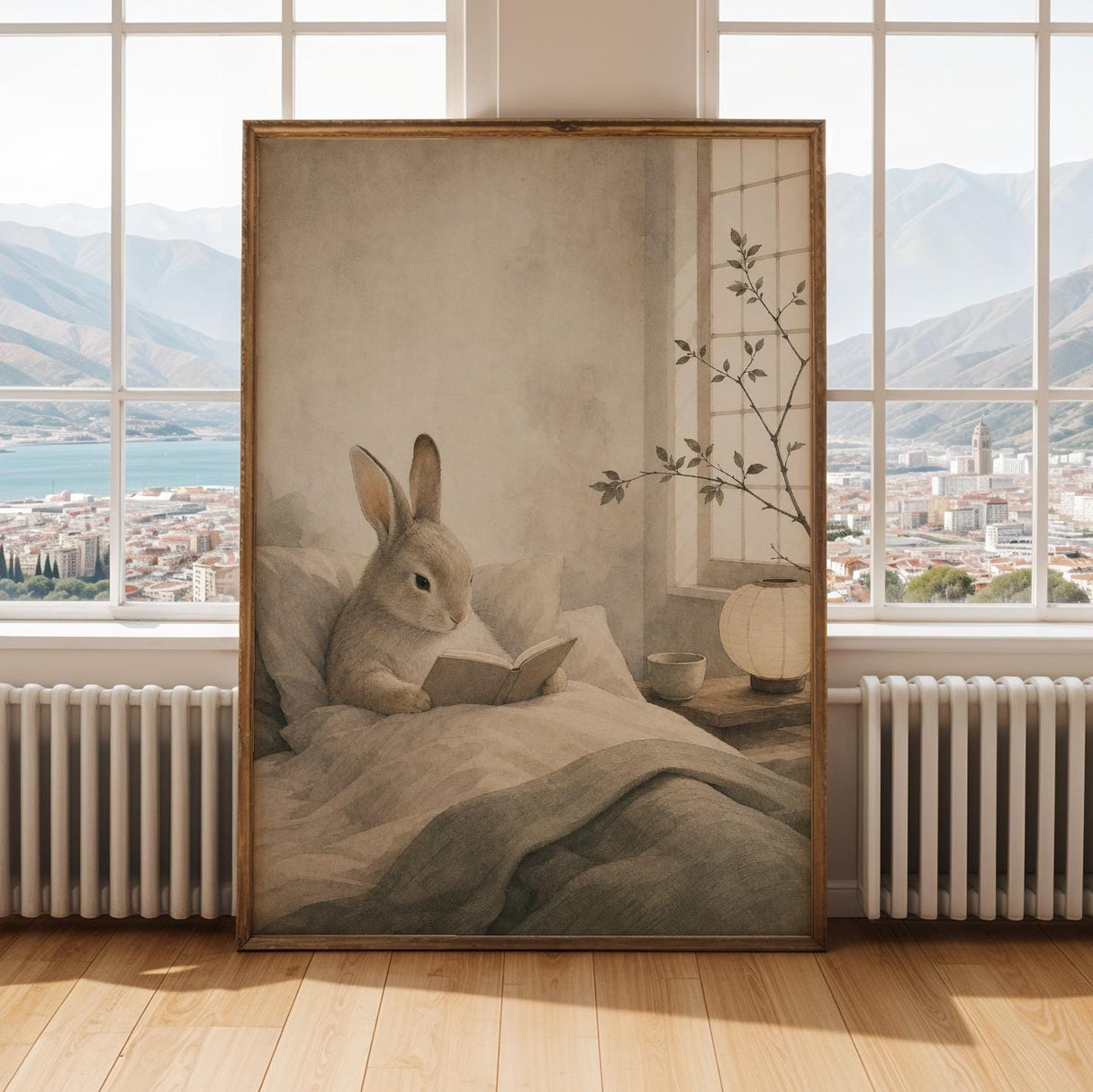 Satin Rabbit Reading in Bed Poster | Japanese Zen Sumi-e Bunny Wall Art | Warm Ivory Fog Gray Decor | Minimalist Bedroom Print