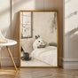 Dwarf Hotot Rabbit Reading in Bed Poster | Japanese Zen Sumi-e Bunny Wall Art | Warm Ivory Fog Gray Decor | Minimalist Bedroom Print