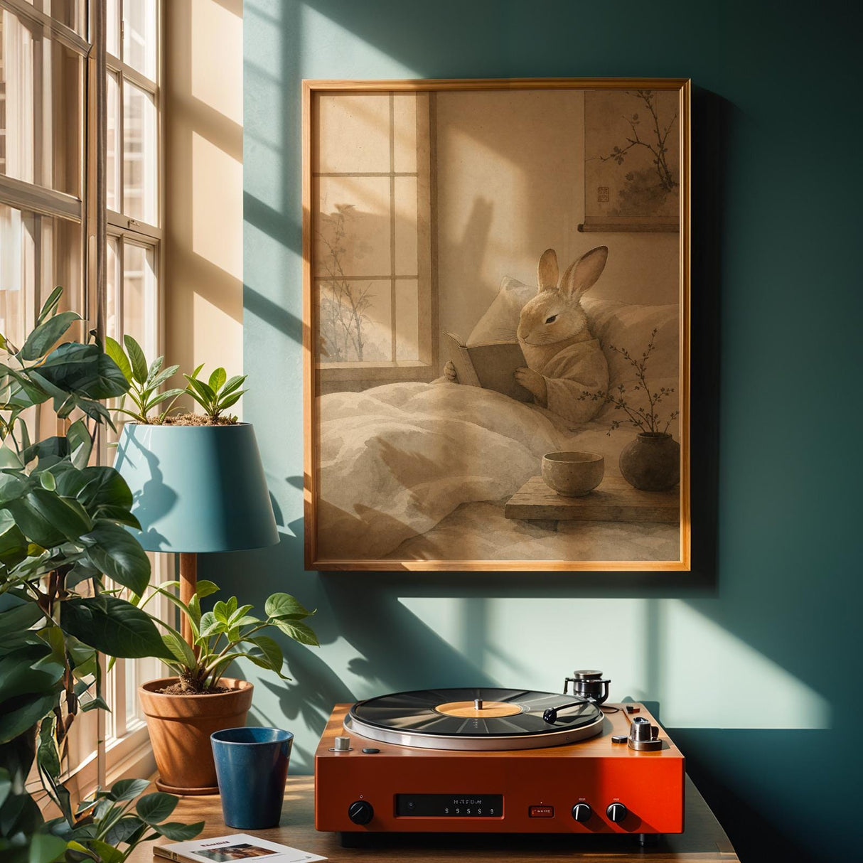 Tan Rabbit Reading in Bed Poster | Japanese Zen Sumi-e Bunny Wall Art | Warm Ivory Neutral Decor | Minimalist Ink Wash Bedroom Print