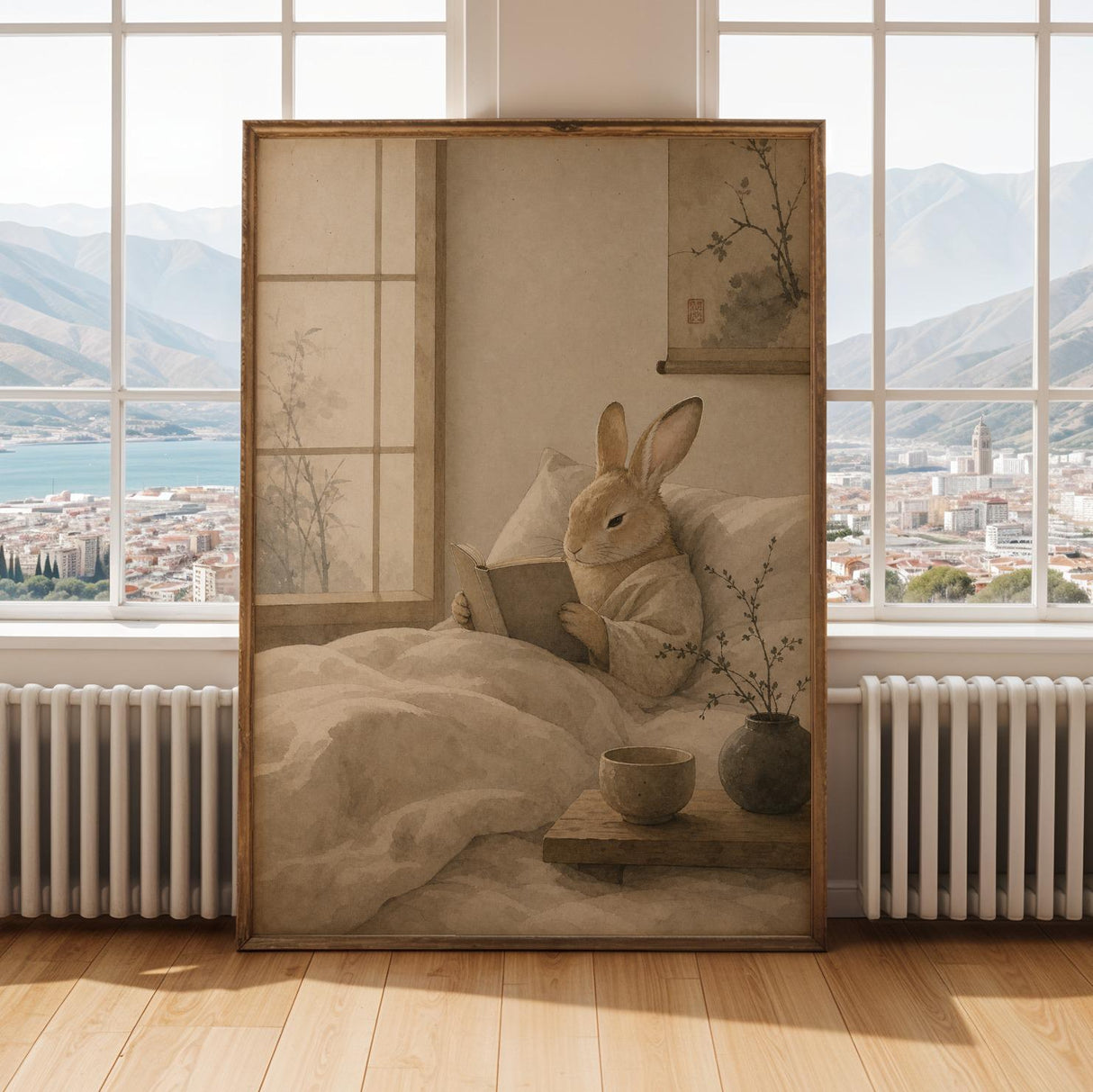 Tan Rabbit Reading in Bed Poster | Japanese Zen Sumi-e Bunny Wall Art | Warm Ivory Neutral Decor | Minimalist Ink Wash Bedroom Print