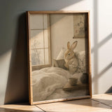 Tan Rabbit Reading in Bed Poster | Japanese Zen Sumi-e Bunny Wall Art | Warm Ivory Neutral Decor | Minimalist Ink Wash Bedroom Print