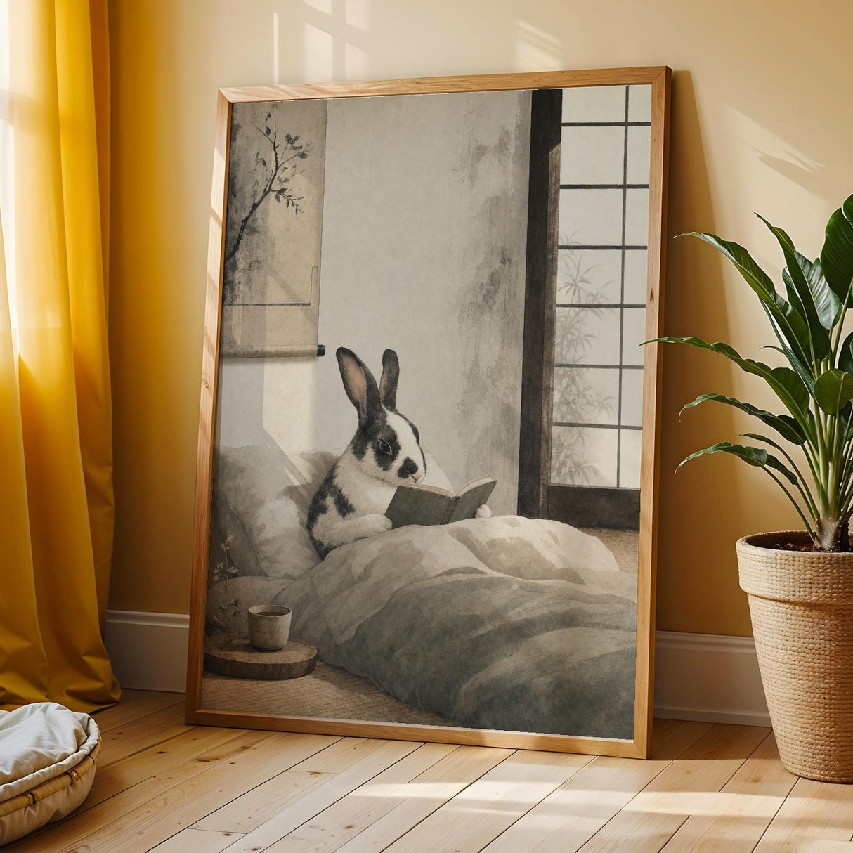 Harlequin Rabbit Reading in Bed Poster | Japanese Zen Sumi-e Bunny Wall Art | Warm Ivory Fog Gray Decor | Minimalist Bedroom Print