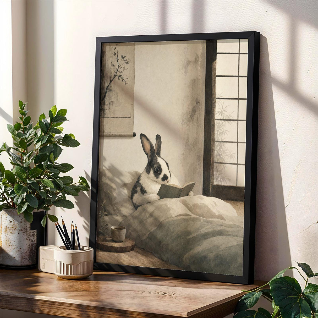 Harlequin Rabbit Reading in Bed Poster | Japanese Zen Sumi-e Bunny Wall Art | Warm Ivory Fog Gray Decor | Minimalist Bedroom Print