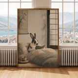 Harlequin Rabbit Reading in Bed Poster | Japanese Zen Sumi-e Bunny Wall Art | Warm Ivory Fog Gray Decor | Minimalist Bedroom Print
