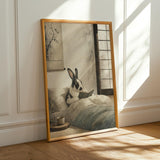 Harlequin Rabbit Reading in Bed Poster | Japanese Zen Sumi-e Bunny Wall Art | Warm Ivory Fog Gray Decor | Minimalist Bedroom Print