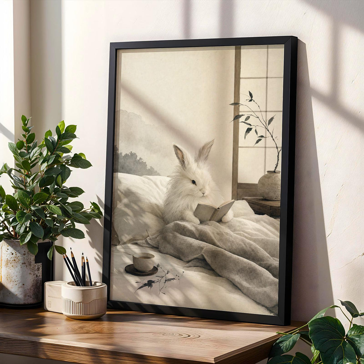Angora Rabbit Reading in Bed Poster | Japanese Zen Ink Wash Bunny Wall Art | Warm Ivory Fog Gray Decor | Minimalist Bedroom Print